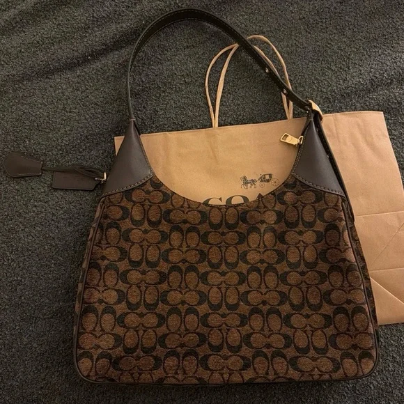 Coach Brown Signature Jacquard Hobo Shoulder Bag with Dark Trim - Picture 2 of 7